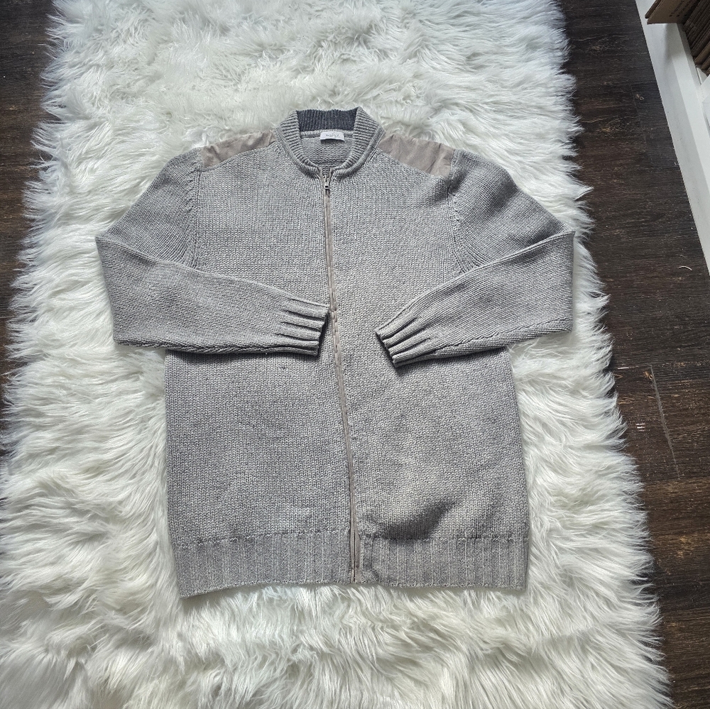 Van Laak Gray Cashmere Full-Zip Sweater with Tan Accents